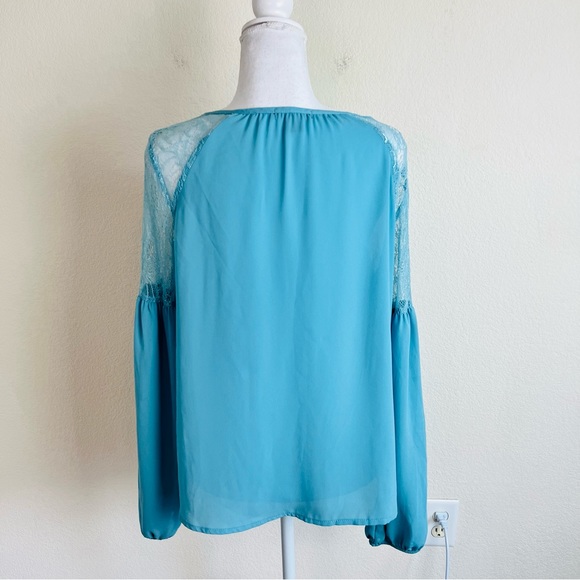Metaphor Turquoise Blue Lace Drop Shoulder Chiffon Long Sleeve Peasant Blouse - Picture 2 of 8